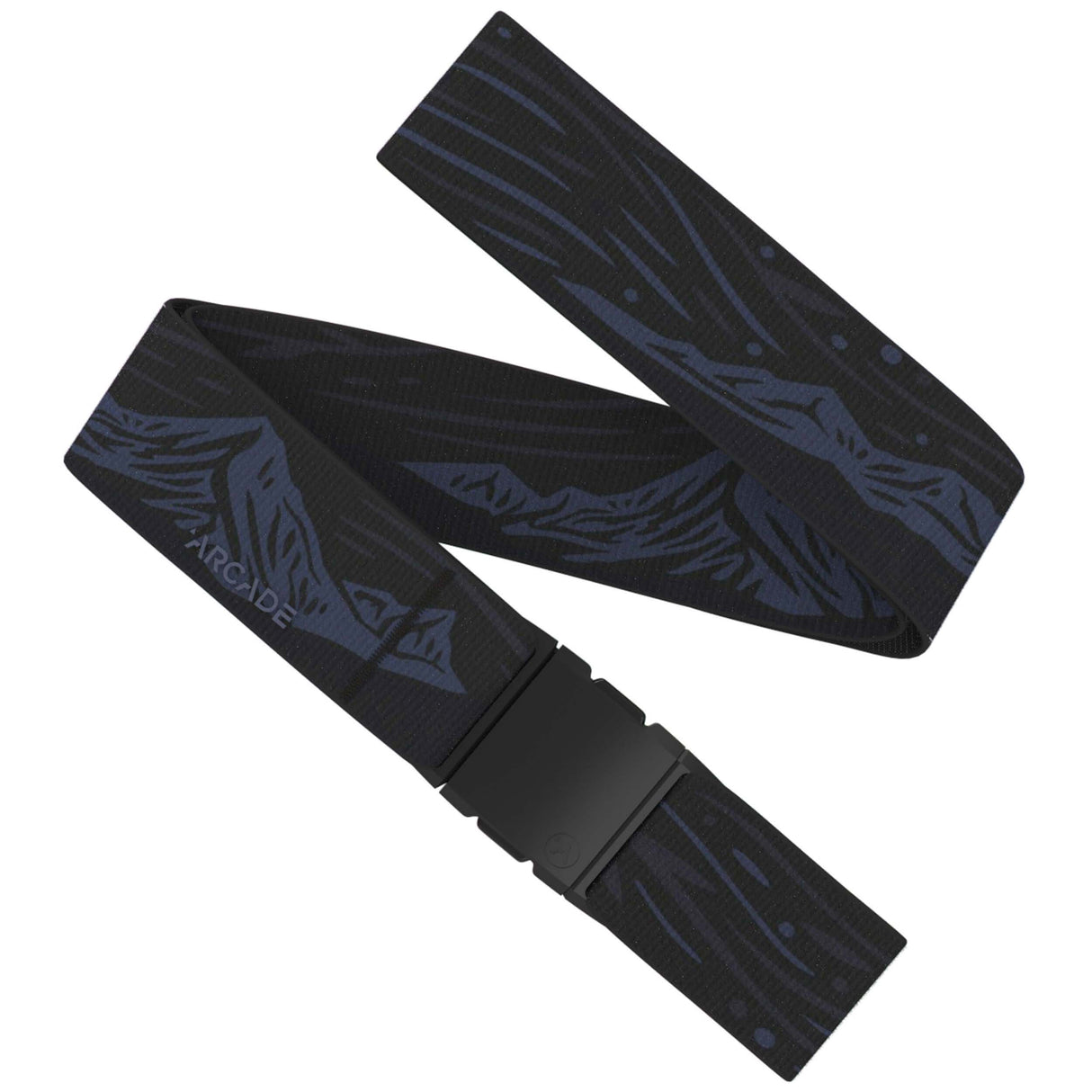OutofRange-Black belt with blue mountain pattern on a white background