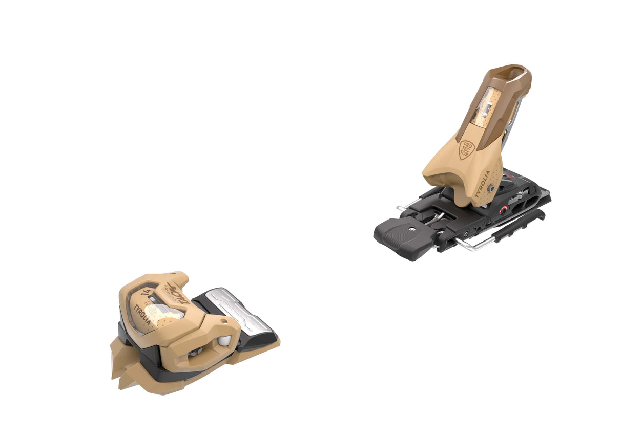 PROTECTOR_ATTACK14GW-Pair of tan and black ski bindings on a white background