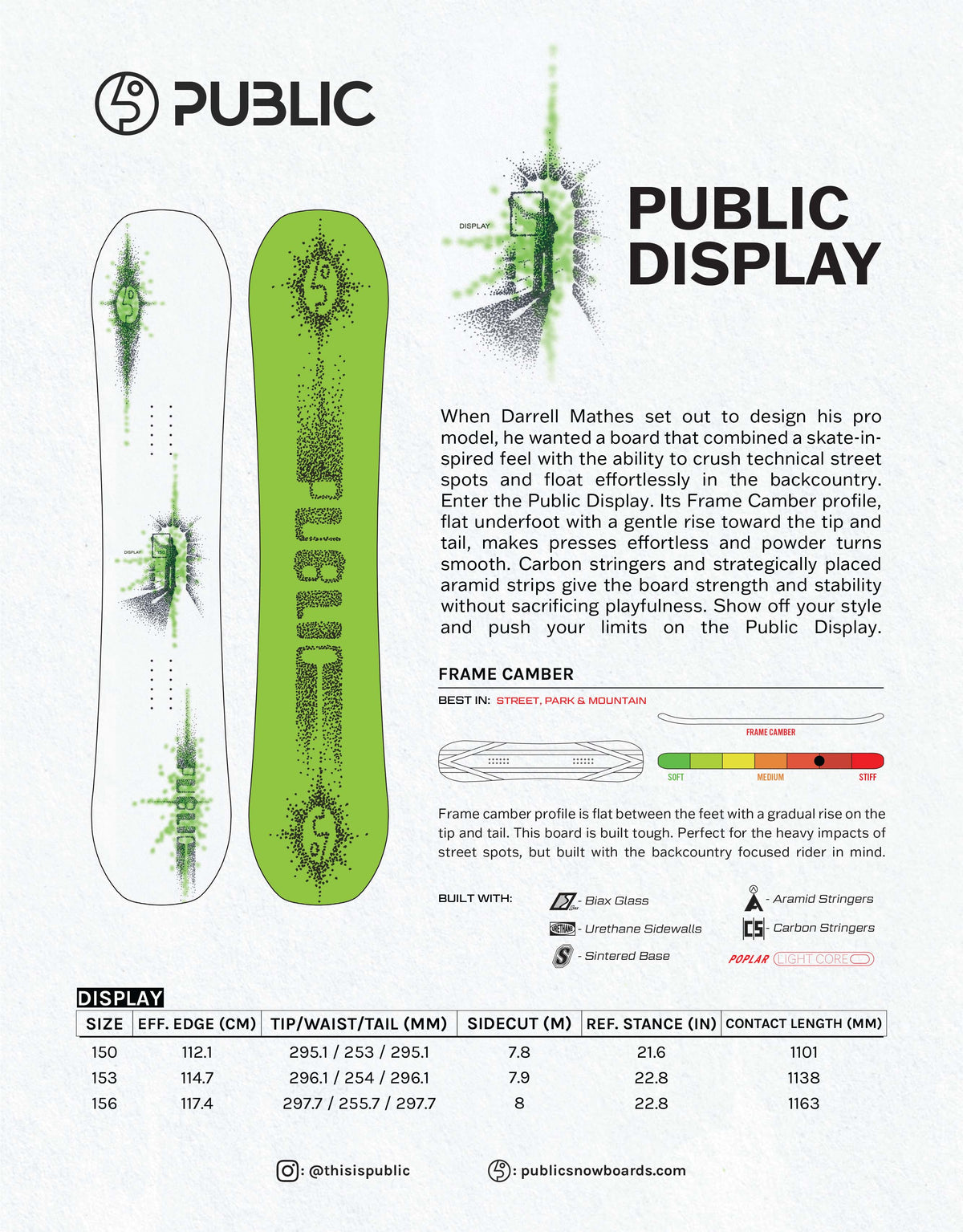 PUBLICDisplay2026-27Sticker- A product information page for a PUBLIC snowboard, the model name is Display, featuring two green side-profile views of the snowboard, a frame camber diagram, a paragraph of descriptive text, and a size table at the bottom on a white background.