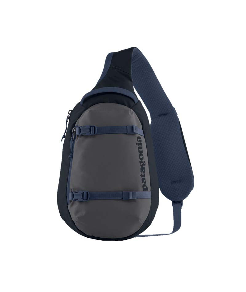 Patagonia Atom Sling 8L- Gray and navy sling bag with Patagonia logo on a white background