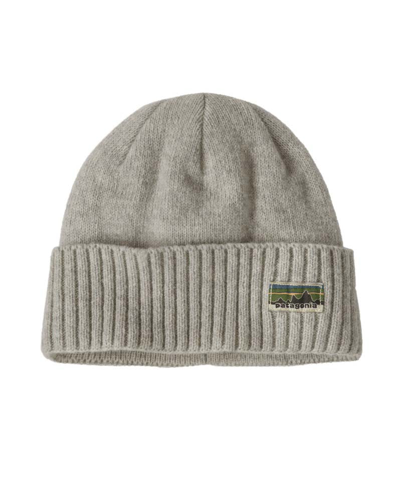 Patagonia Brodeo Beanie- Gray beanie with a logo patch on a white background