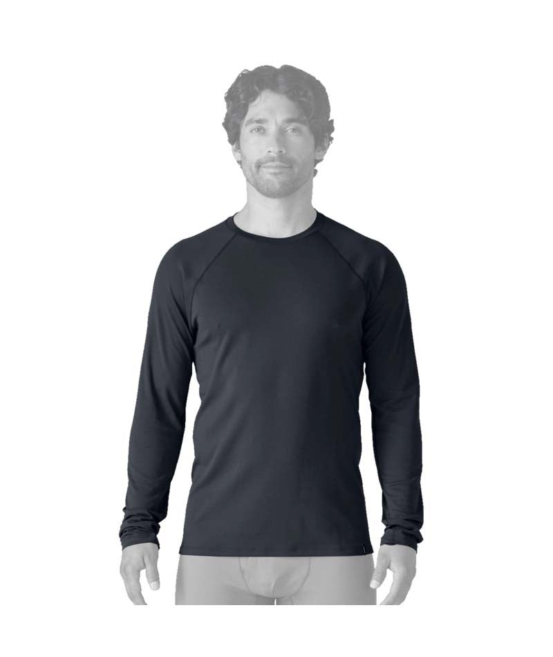 Patagonia Capilene Midweight Mens Crew- Person wearing a black long-sleeve shirt on a white background