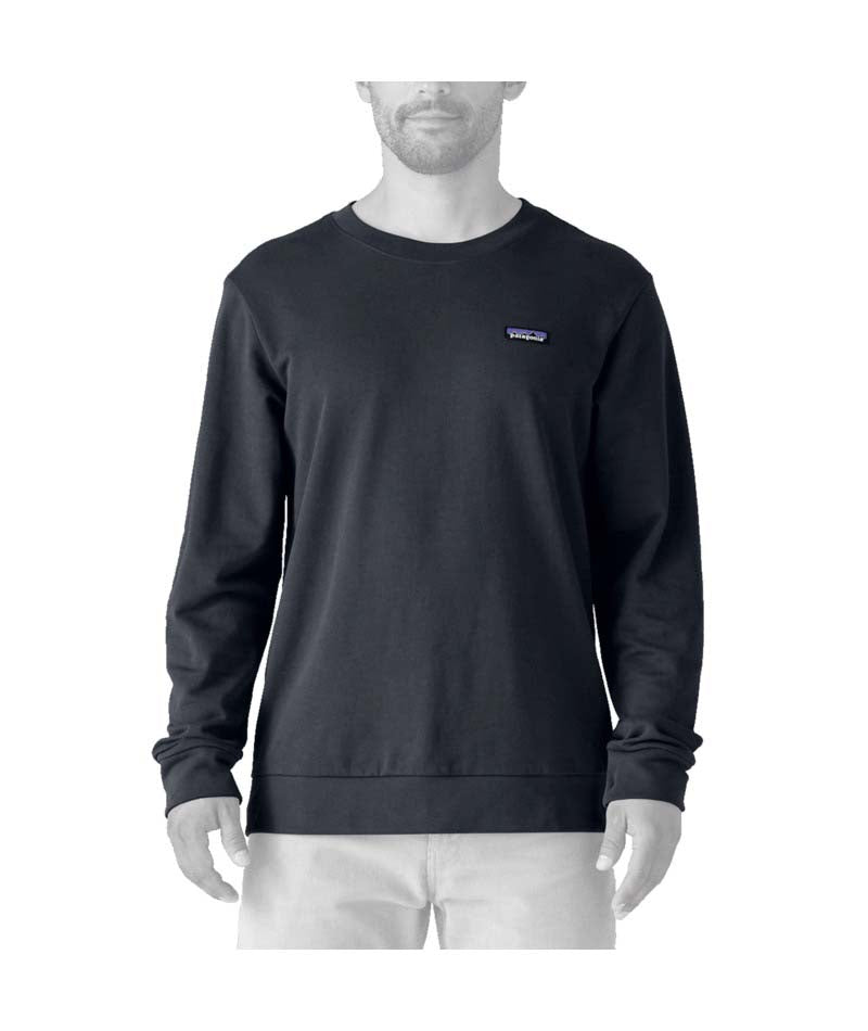 Patagonia Daily Mens Crew- Person wearing a black sweatshirt with a logo on a white background