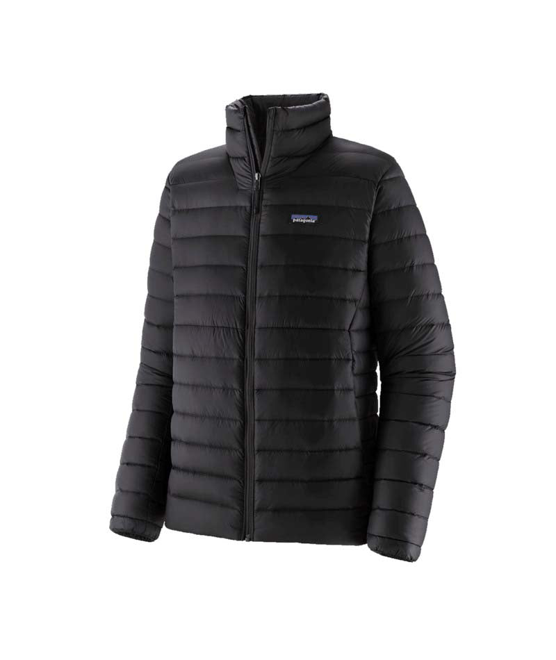 Patagonia Down Sweater Mens Jacket- Black puffer jacket with a brand logo on a white background