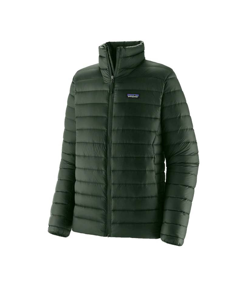 Patagonia Down Sweater Mens Jacket- Green puffer jacket with a brand logo on a white background