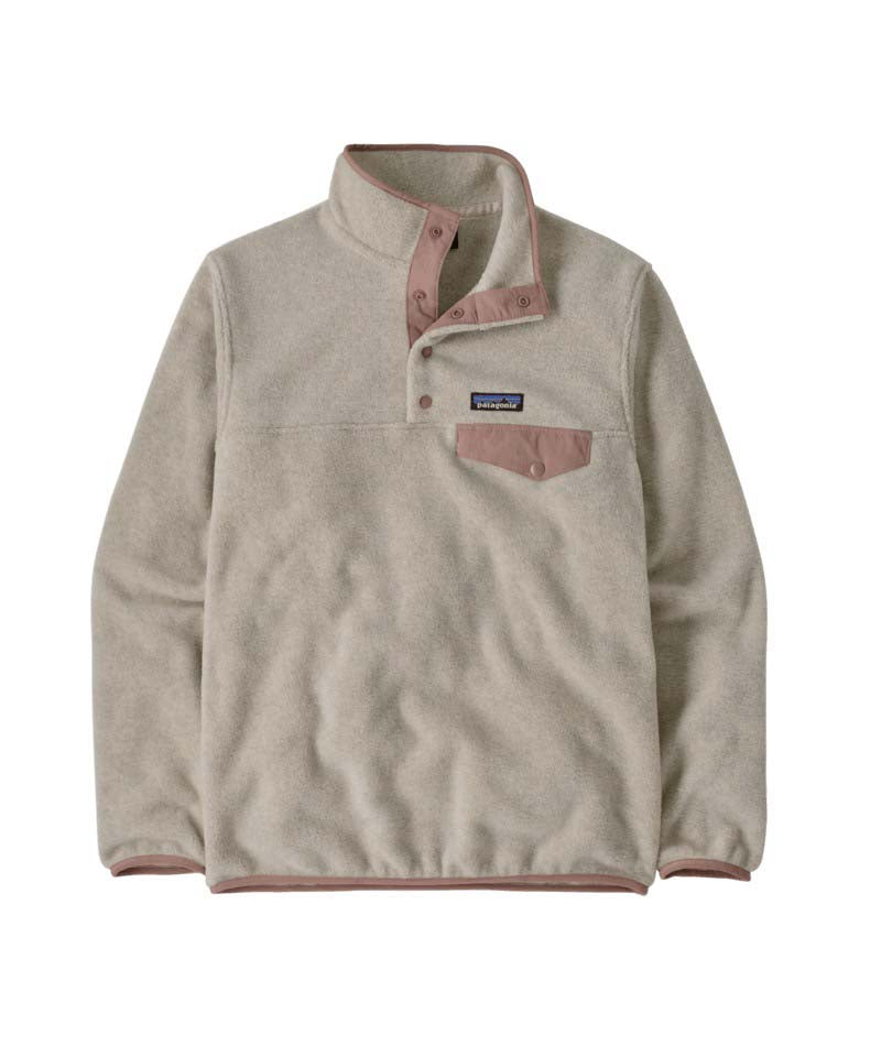 Patagonia Lightweight Synch Snap-T Womens Pullover-Beige fleece pullover with pink accents on a white background