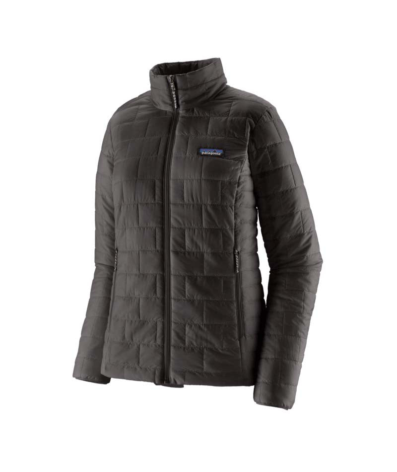 Patagonia Nano Puff Womens Jacket- Black quilted jacket with a brand logo on a white background