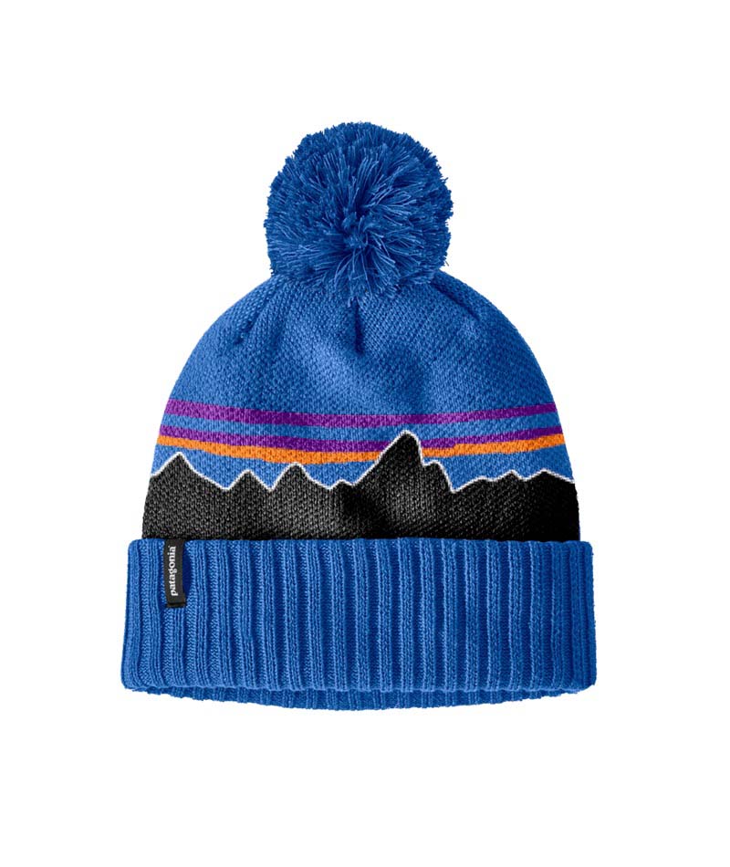 Patagonia Powder Town Kids Beanie- Blue knit beanie with mountain design and pom-pom on a white background, Shop at Aspen Ski and Board Columbus Ohio