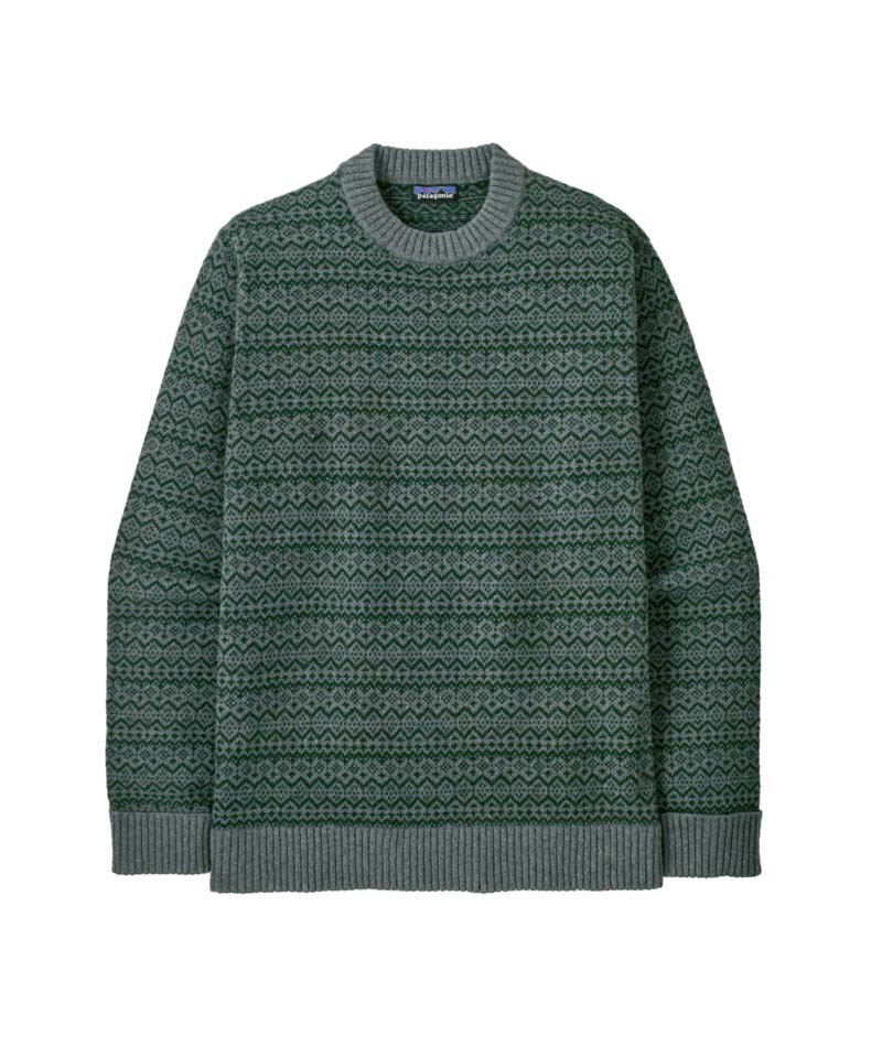 Patagonia Recycled Wool-Blend Mens Sweater-Green patterned sweater on a white background