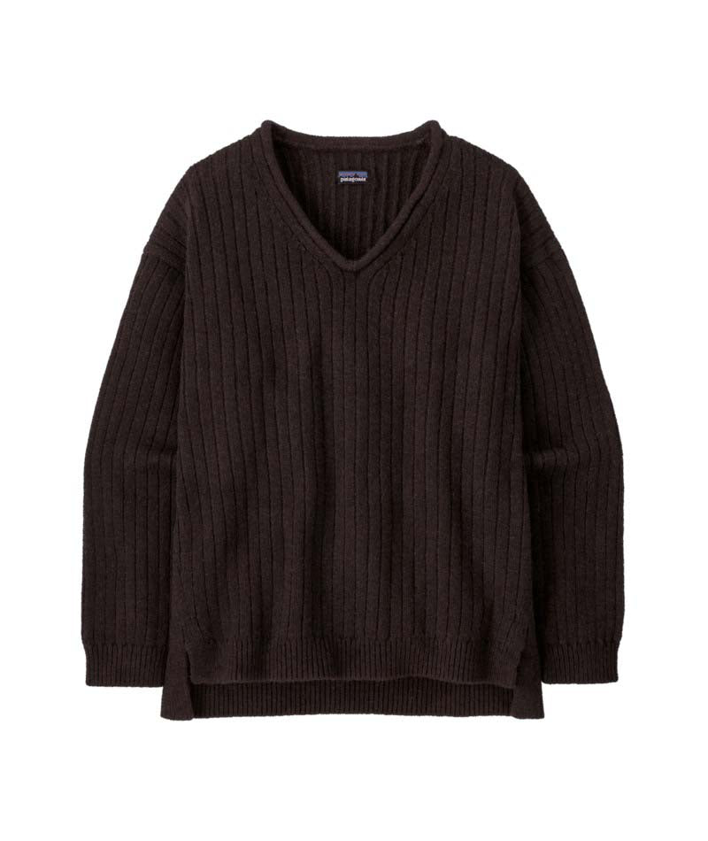 Patagonia Recycled Wool-Blend V-Neck Womens Sweater- Dark brown ribbed sweater on a white background