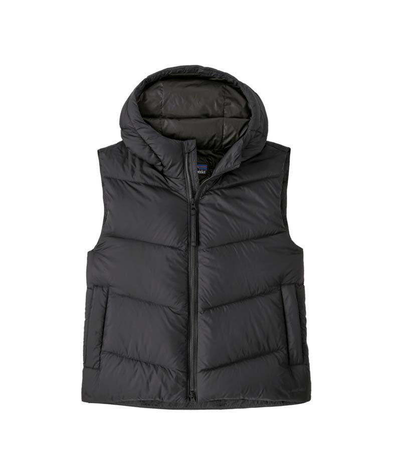Patagonia Sindit Womens Vest- Black puffer vest with a hood on a white background