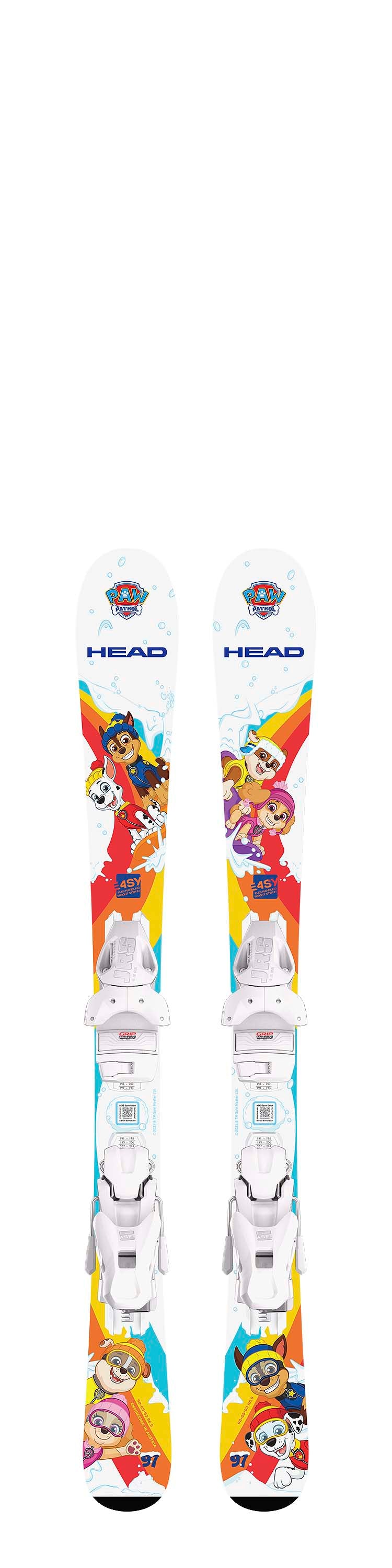 PawPatrolJRS_97- Children's skis with colorful cartoon character bindings on a white background
