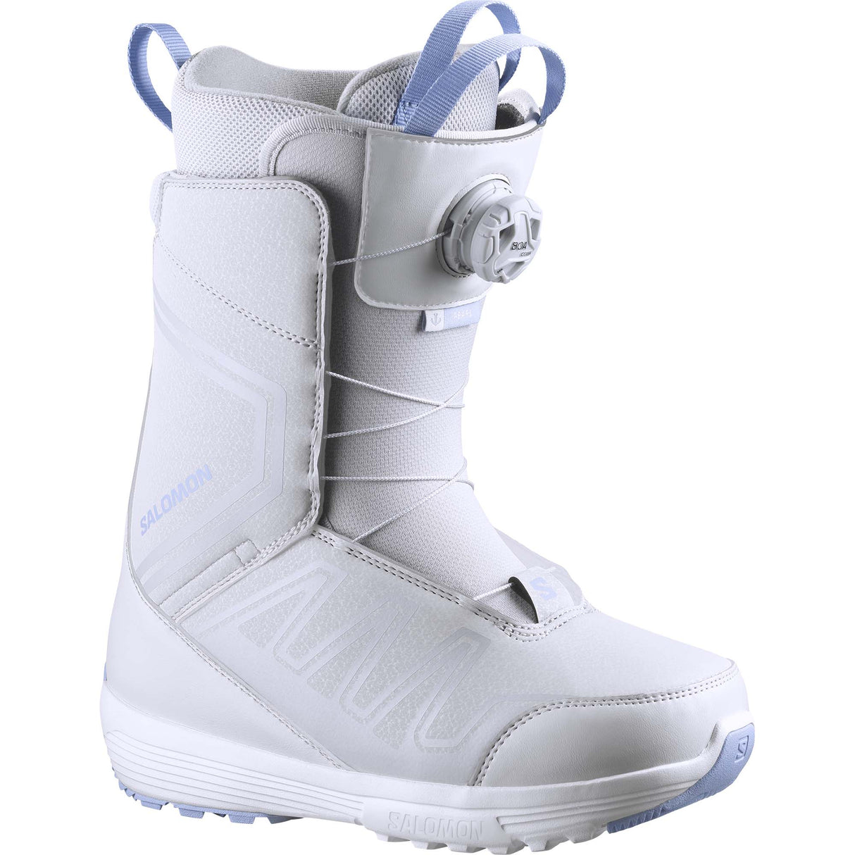PearlBOA- Light grey snowboard boot with blue accents on a white background