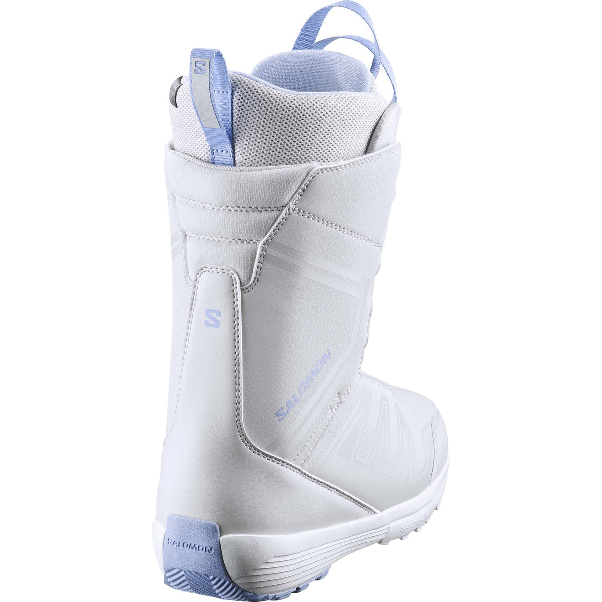 PearlBOA- Light grey snowboard boot with blue accents on a white background