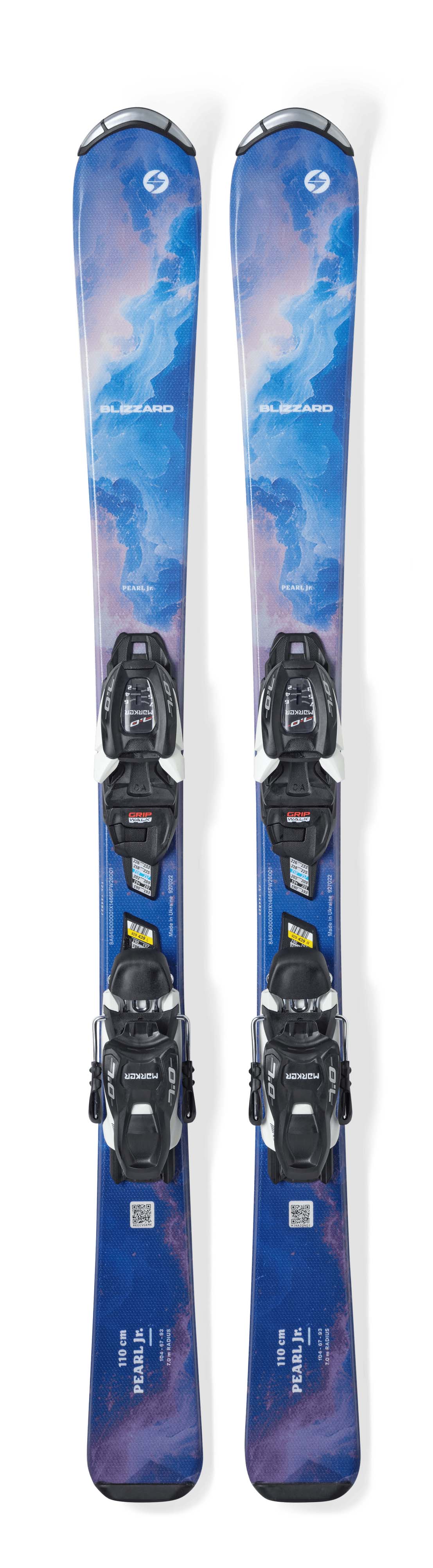 PearlJr-Pair of blue skis with bindings on a white background