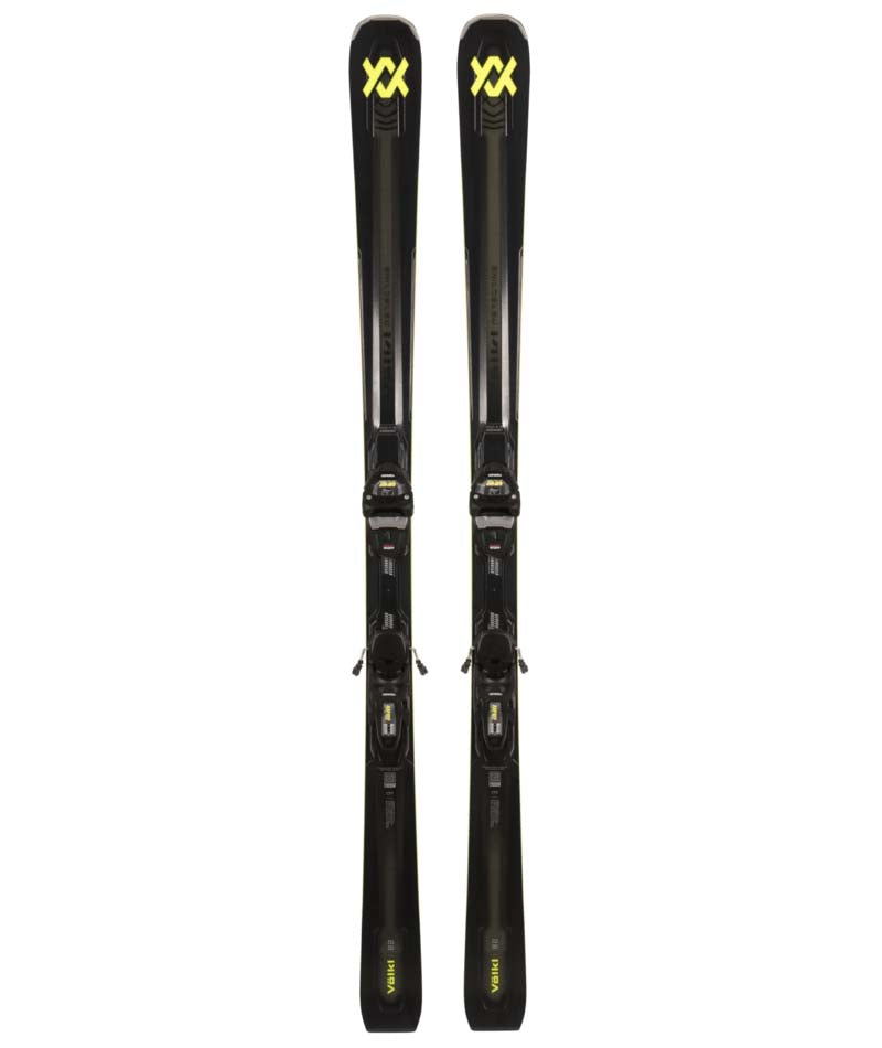 Peregrine82Lowride_LR13FR- Pair of black skis with yellow branding on a white background