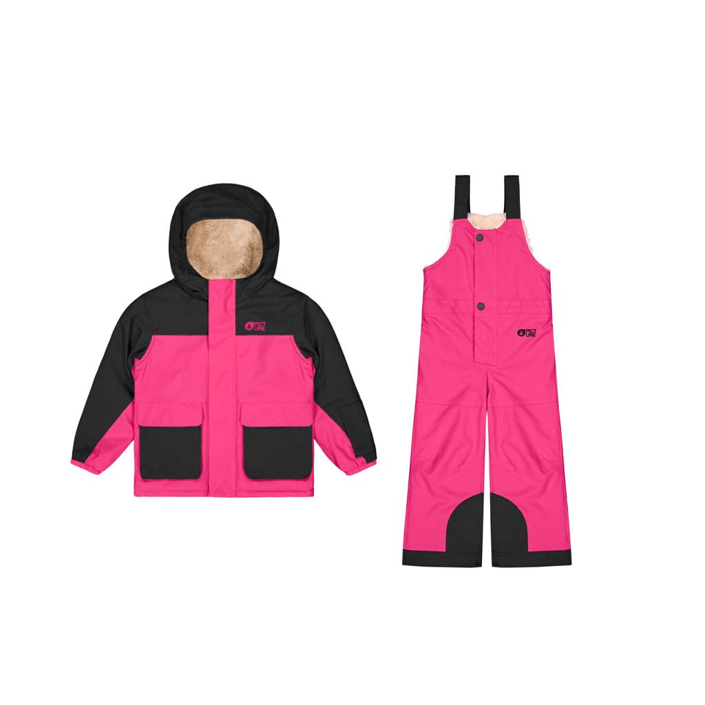 PictureOrganicSnowyToddlerPackge-A kids' winter outfit set consisting of a hooded jacket and matching bib overalls in bright pink and black, displayed on a clean white background.