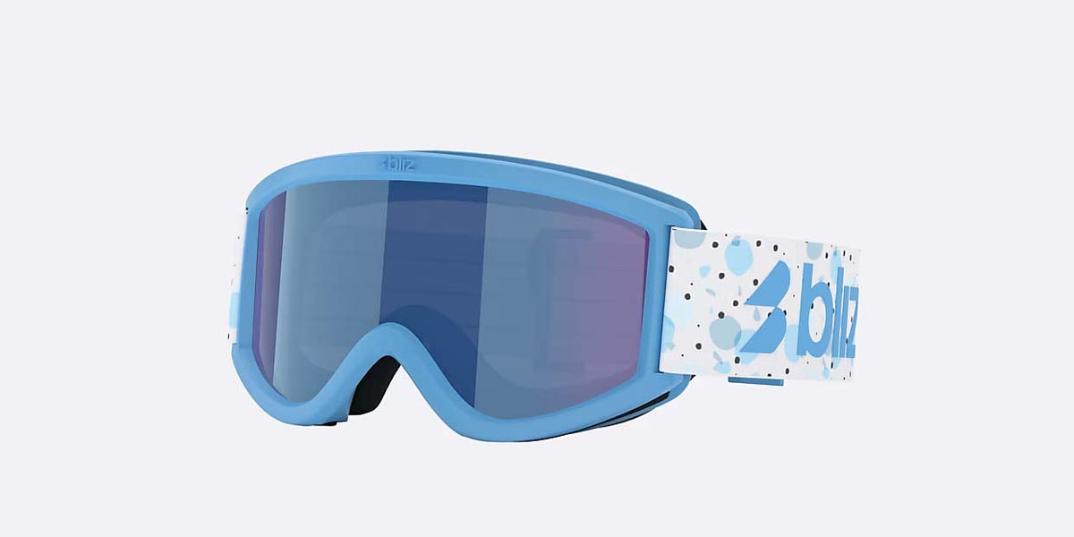 Pixie-Bliz ski goggles in matte blue with a mirrored blue lens and a matching blue strap, shown on a light gray background.
