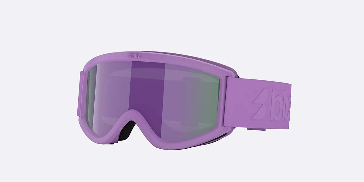 Pixie-Bliz ski goggles in matte purple with a mirrored purple lens and a matching purple strap, shown on a light gray background.