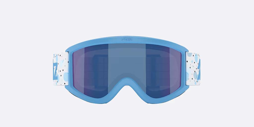 Pixie-Bliz ski goggles in matte blue with a mirrored blue lens and a matching blue strap, shown on a light gray background.