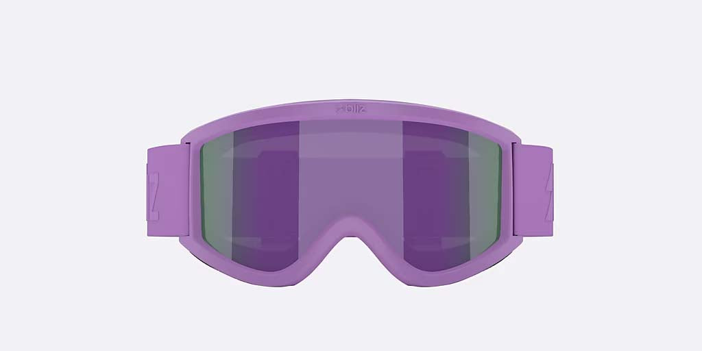 Pixie-Bliz ski goggles in matte purple with a mirrored purple lens and a matching purple strap, shown on a light gray background.