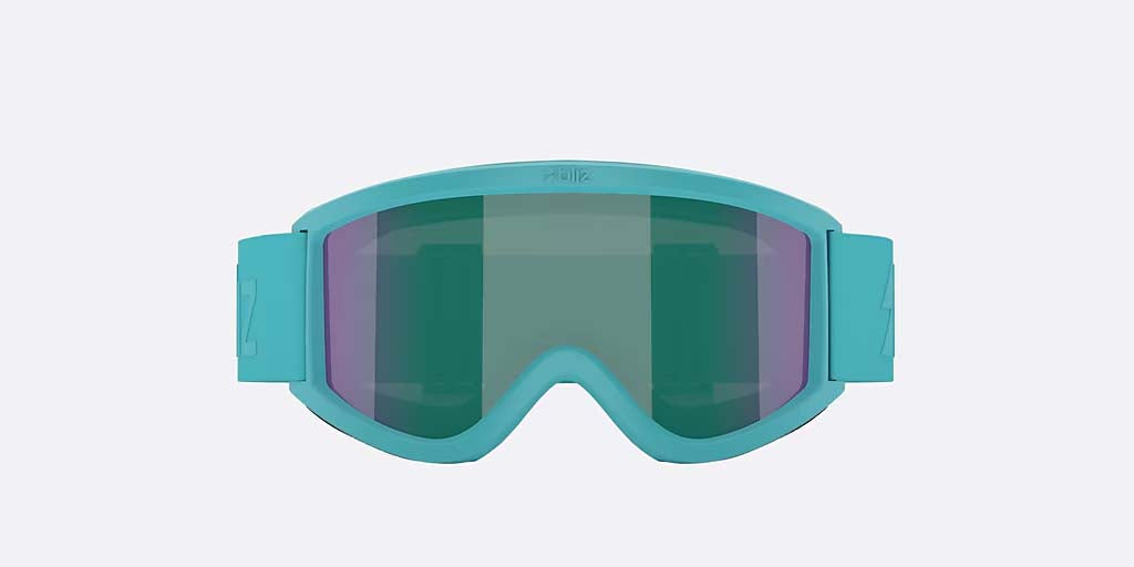 Pixie-Bliz ski goggles in matte turquoise with a mirrored green lens and a matching turquoise strap, shown on a light gray background.
