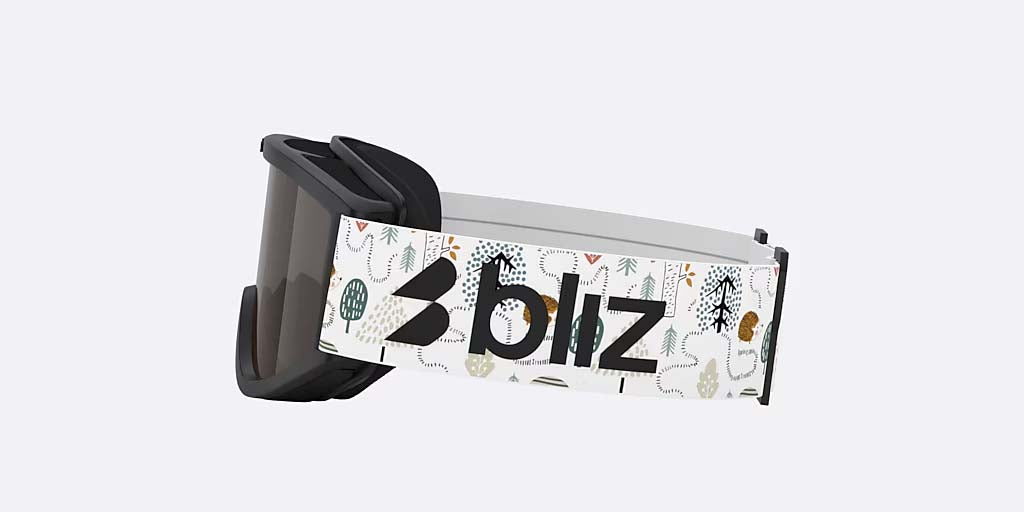 Pixie-Bliz ski goggles in matte black with a mirrored brown lens and a matching black strap, shown on a light gray background.