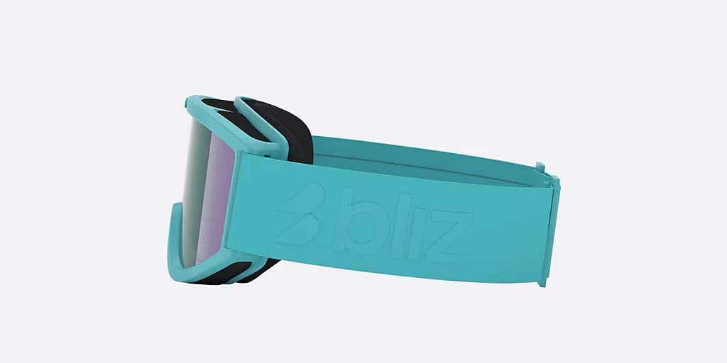 Pixie-Bliz ski goggles in matte turquoise with a mirrored green lens and a matching turquoise strap, shown on a light gray background.