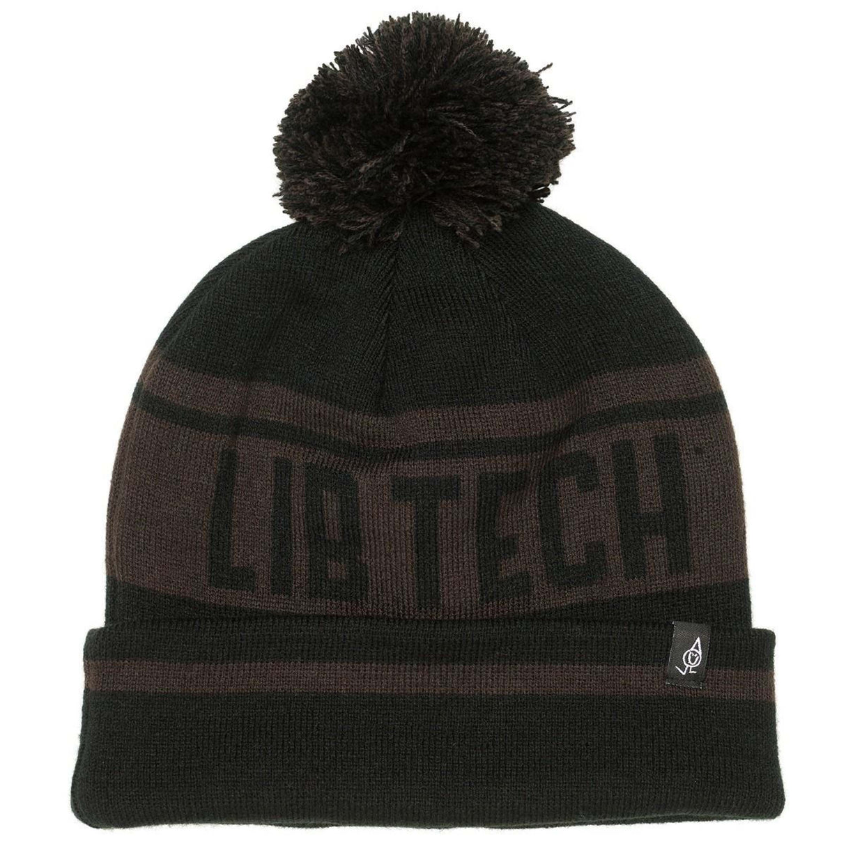 PomBeanie- Black and brown 'Lib Tech' beanie on a white background