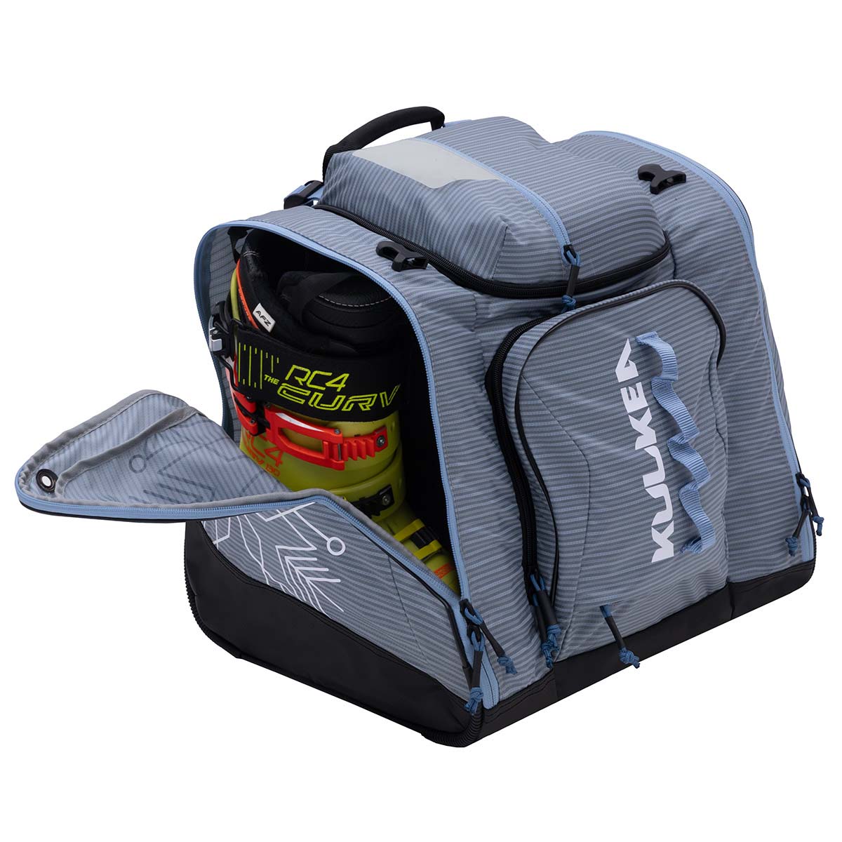 PowderTrekker- Light purple and blue bag with 'Kulkea' branding on a white background
