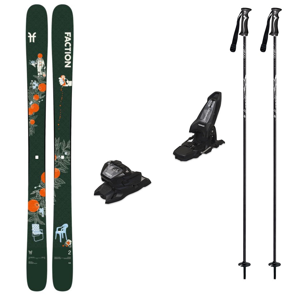 Prodigy2Capsulew_Griffon13-A ski bundle featuring a pair of dark green Faction skis with orange floral graphics, black ski bindings, and two black ski poles on a plain white background.