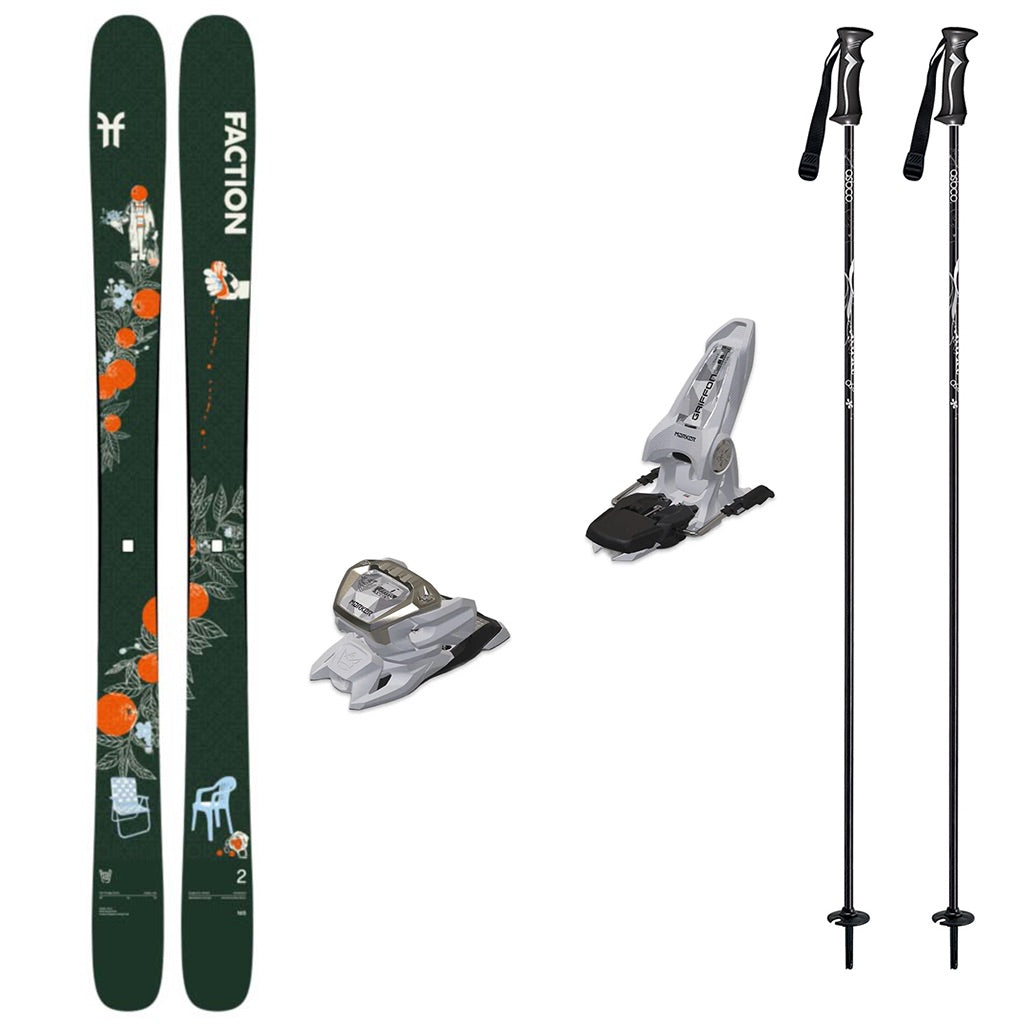 Prodigy2Capsulew_Griffon13-A ski bundle featuring a pair of dark green Faction skis with orange floral graphics, white ski bindings, and two black ski poles on a plain white background.