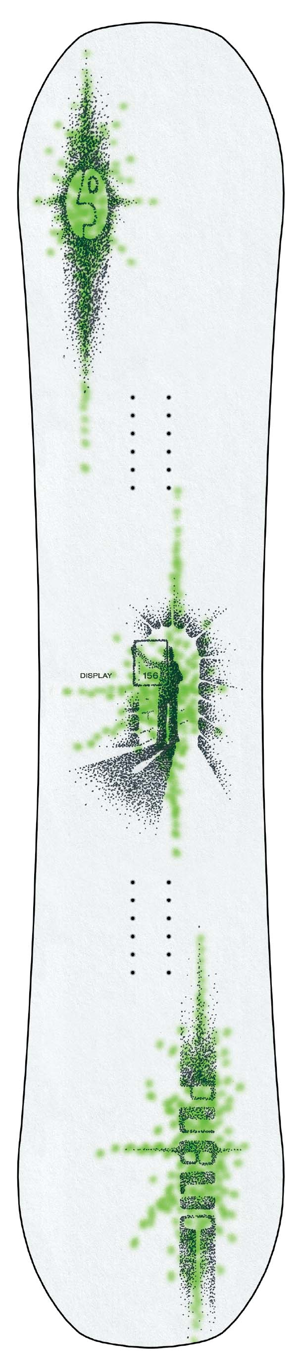 PublicDisplay-A white snowboard with green and black graphic designs, including a stylized face graphic and green spray-paint style accents.