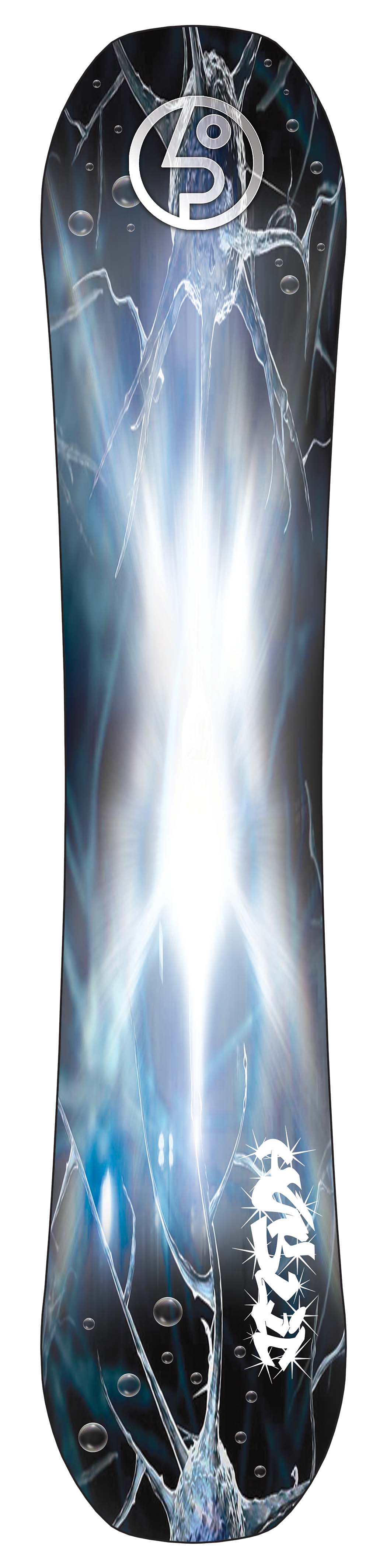 PublicDispute-A snowboard with a dark, icy graphic design featuring blue and white lightning effects, a circular 'Public' logo at the top, and stylized text at the bottom.