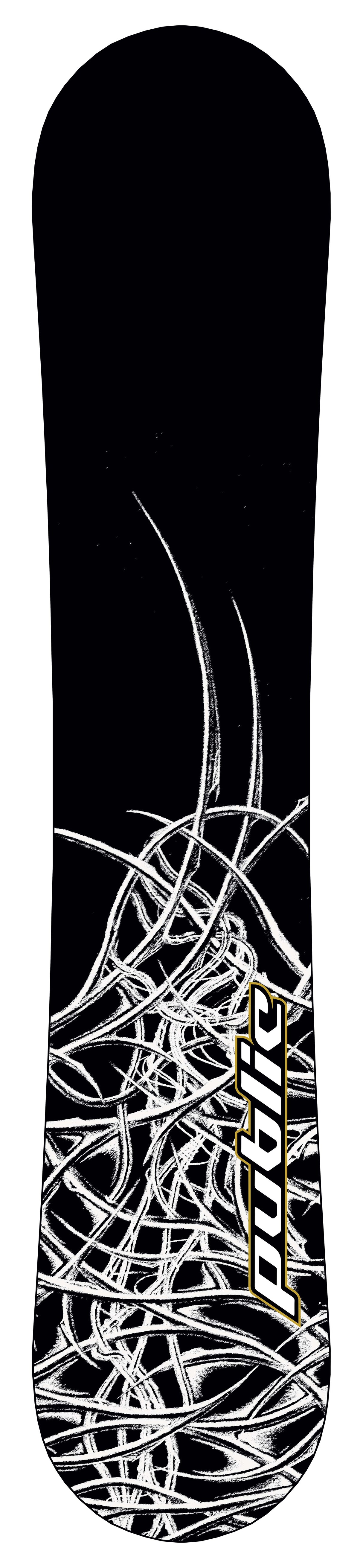 PublicGeneral-A black snowboard shown from the top side, featuring the 'public' brand name printed in white near the center and additional white text near the bottom. This topsheet and base are the 147cm, 150cm, and 153cm colorway.