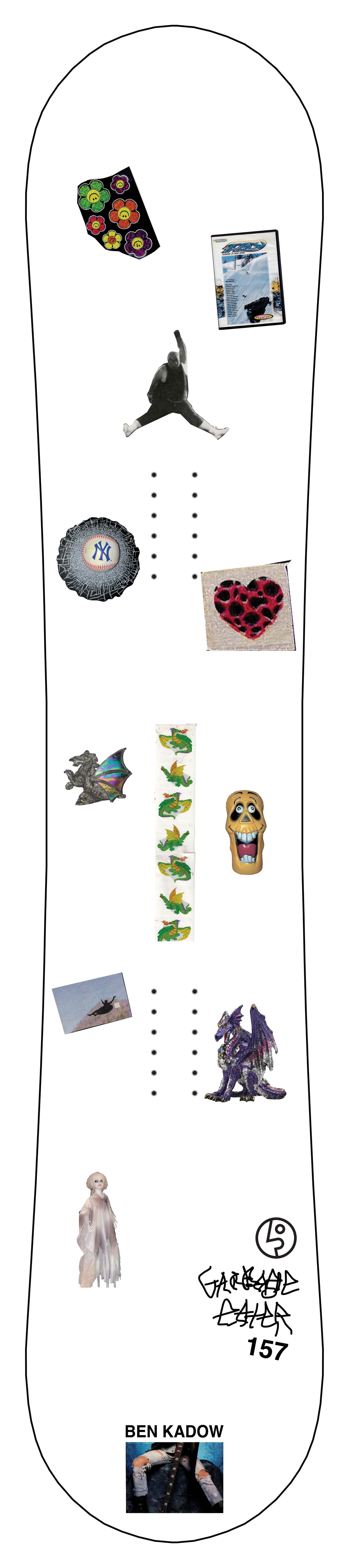 PublicGuestGeneral-Snowboard topsheet with various stickers and graphics on a white background