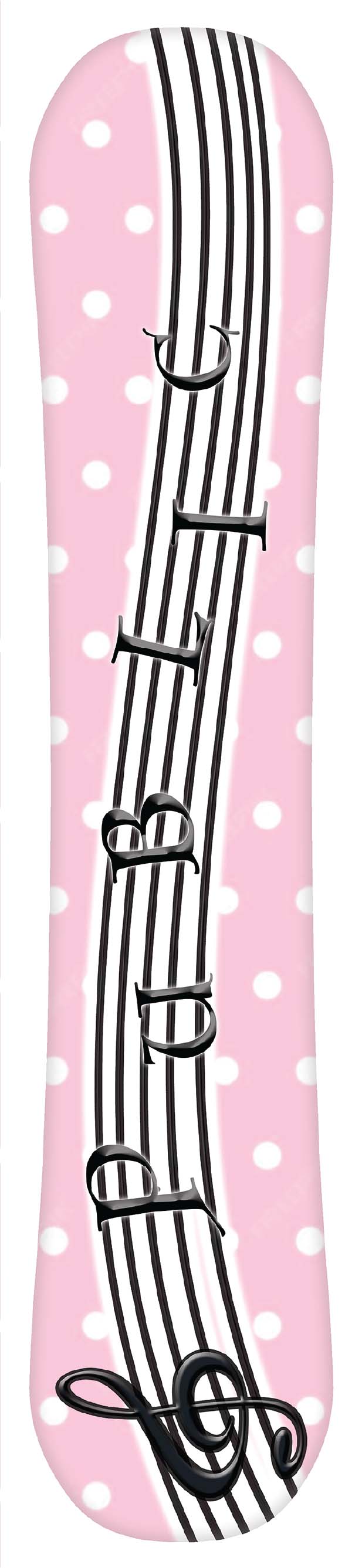 PublicJibgurl-Snowboard base with musical notes design on a pink background with white polka dots