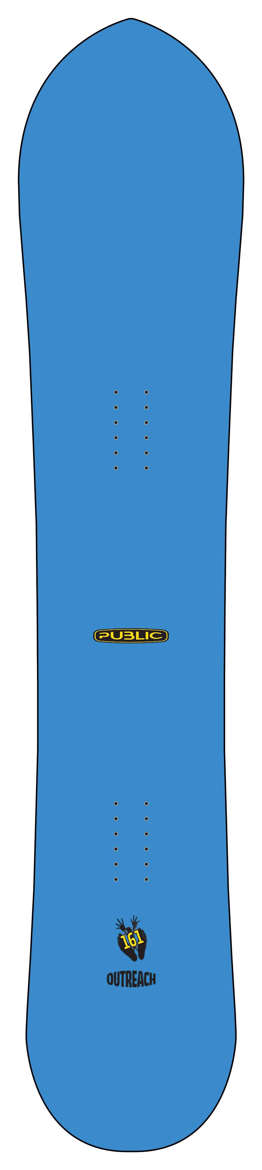 PublicOutreach- A blue snowboard topsheet against a white background, featuring the 'Public' brand logo in yellow and black near the tail.