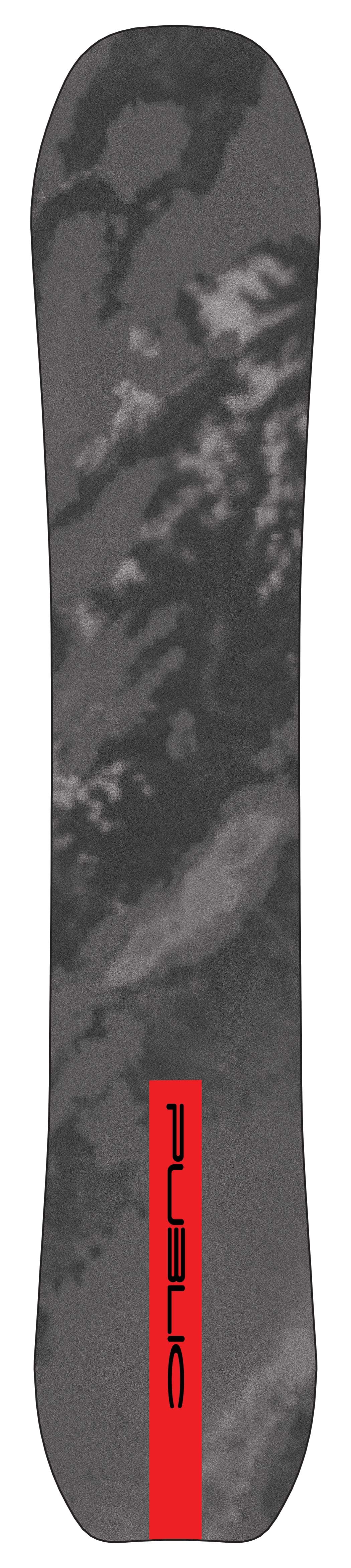 PublicResearch- A dark gray snowboard base with a black and gray abstract camouflage pattern and a bright red vertical stripe on the bottom edge featuring the brand name 'PUBLIC'.