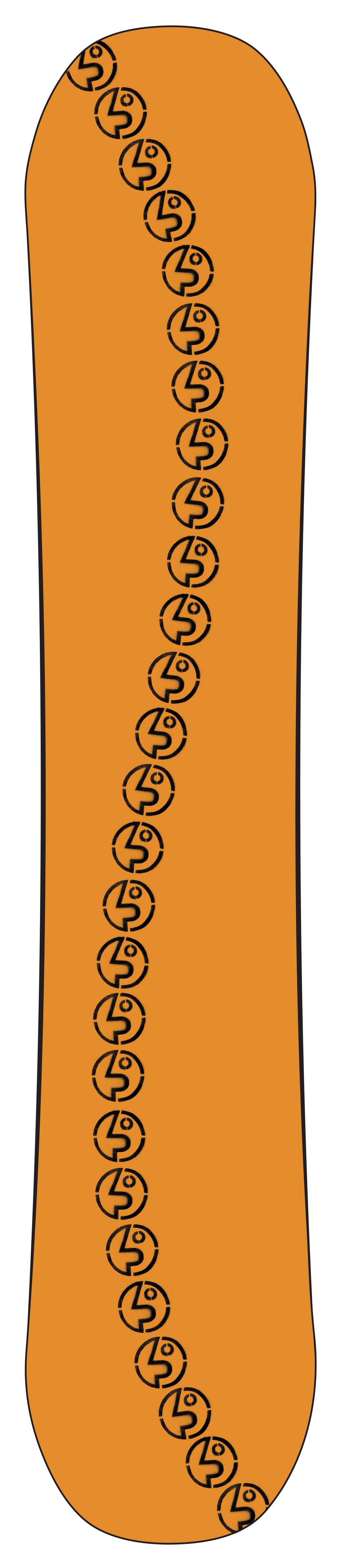 PublicStatement- A orange snowboard base of the 157cm with a vertical black pattern of stylized in a 'S' shape of the circular 'Public' logo, shown against a plain white background.