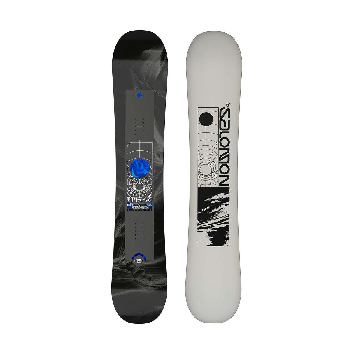 Pulse- Black multi colored snowboard on a white background