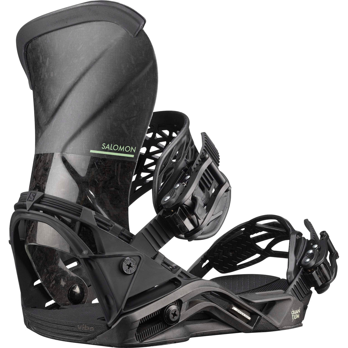 QuantumCarbon-Pair of black snowboard bindings on a white background