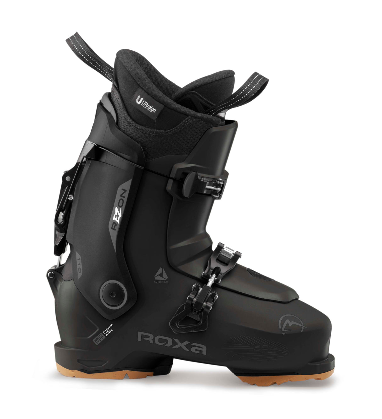 REZON110-Black ski boot with visible branding on a white background