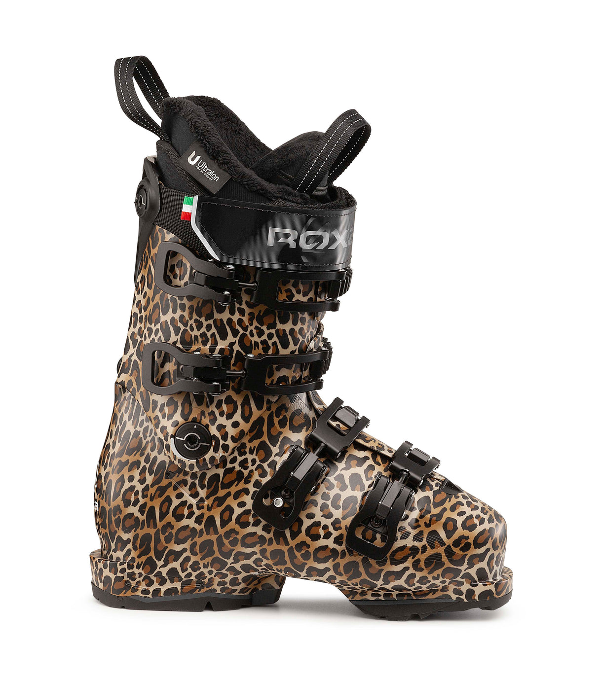 RFITHV95LTD-Leopard print ski boot with black straps on a white background