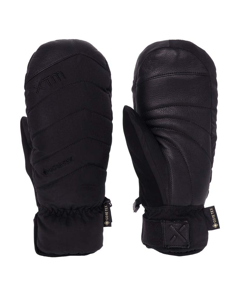 RadiatorMitt-A pair of black insulated winter gloves shown from both the front and back views against a plain white background. The gloves feature quilted stitching, a padded cuff, and small black brand tags on the wrist.