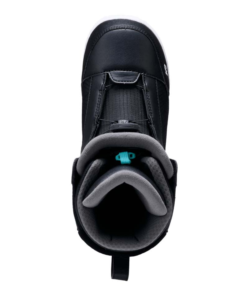Raider- Black and white snowboard boot on a white background