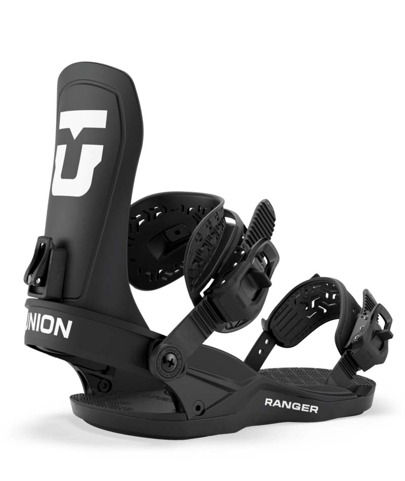 Ranger-Black snowboard binding with 'Union' branding on a white background