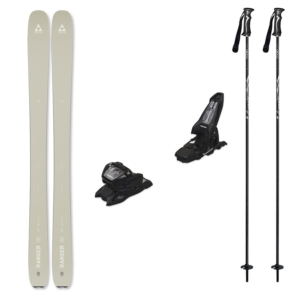 Ranger102w_Griffon13-A ski equipment set on a plain white background, including a pair of light beige/silver skis, two black ski bindings, and two black ski poles with white branding.