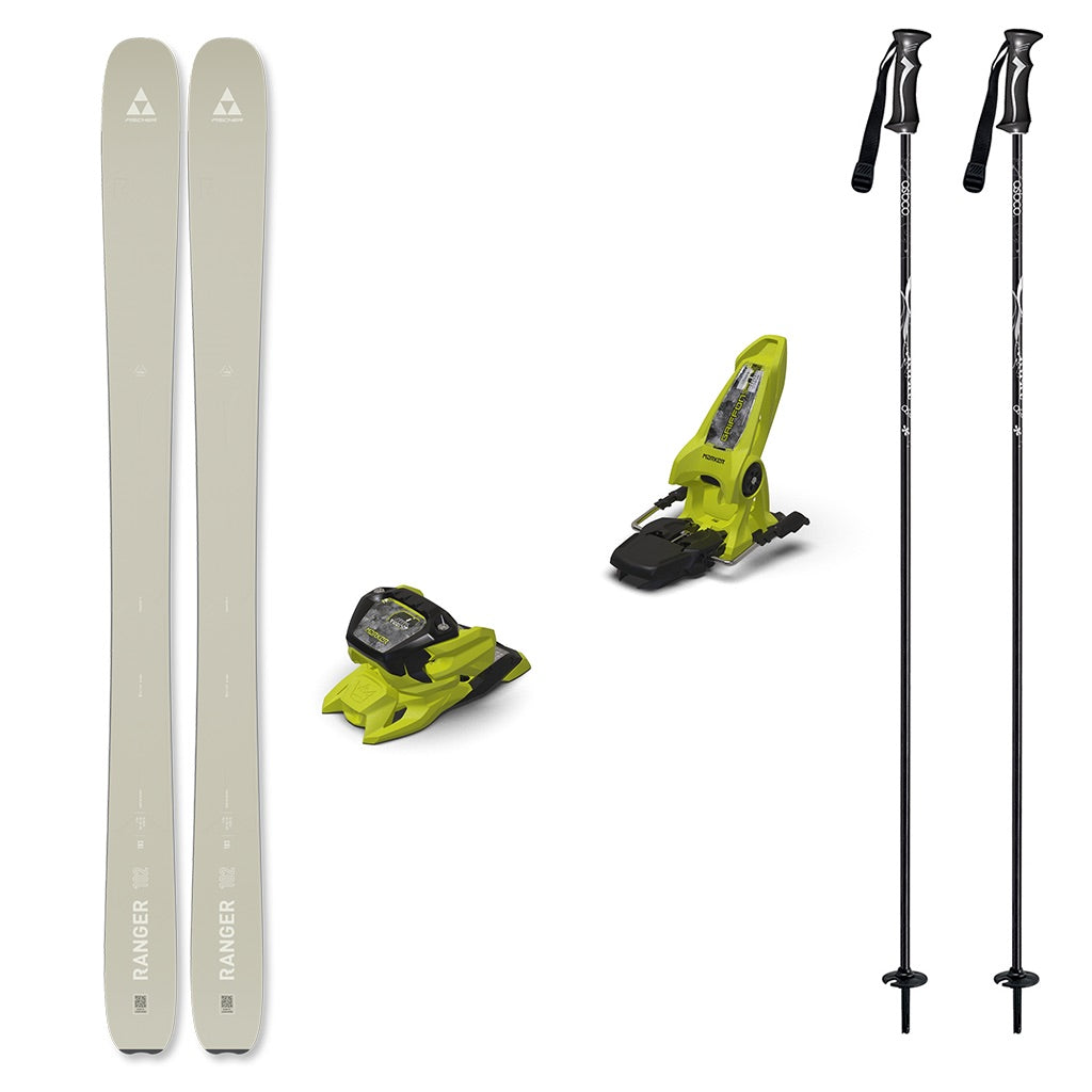 Ranger102w_Griffon13-A ski equipment set on a plain white background, including a pair of light beige/silver skis, two black and light green ski bindings, and two black ski poles with white branding.