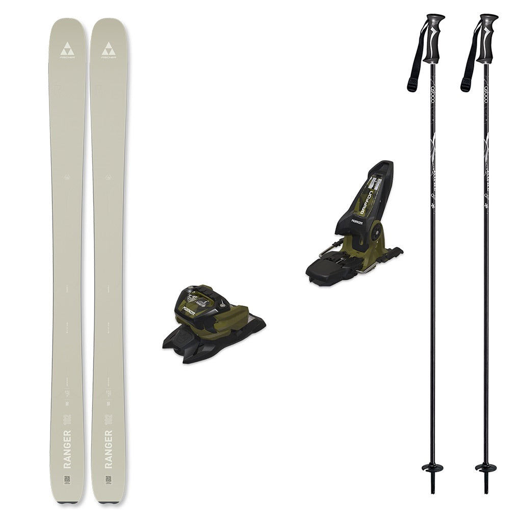 Ranger102w_Griffon13-A ski equipment set on a plain white background, including a pair of light beige/silver skis, two black and olive green ski bindings, and two black ski poles with white branding.